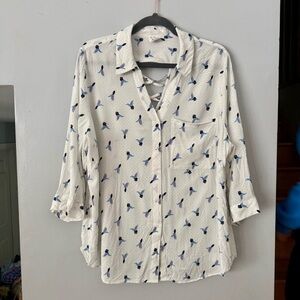 💥d/C Enchanted White and Blue Hummingbird Print Button Down Shirt Plus Size